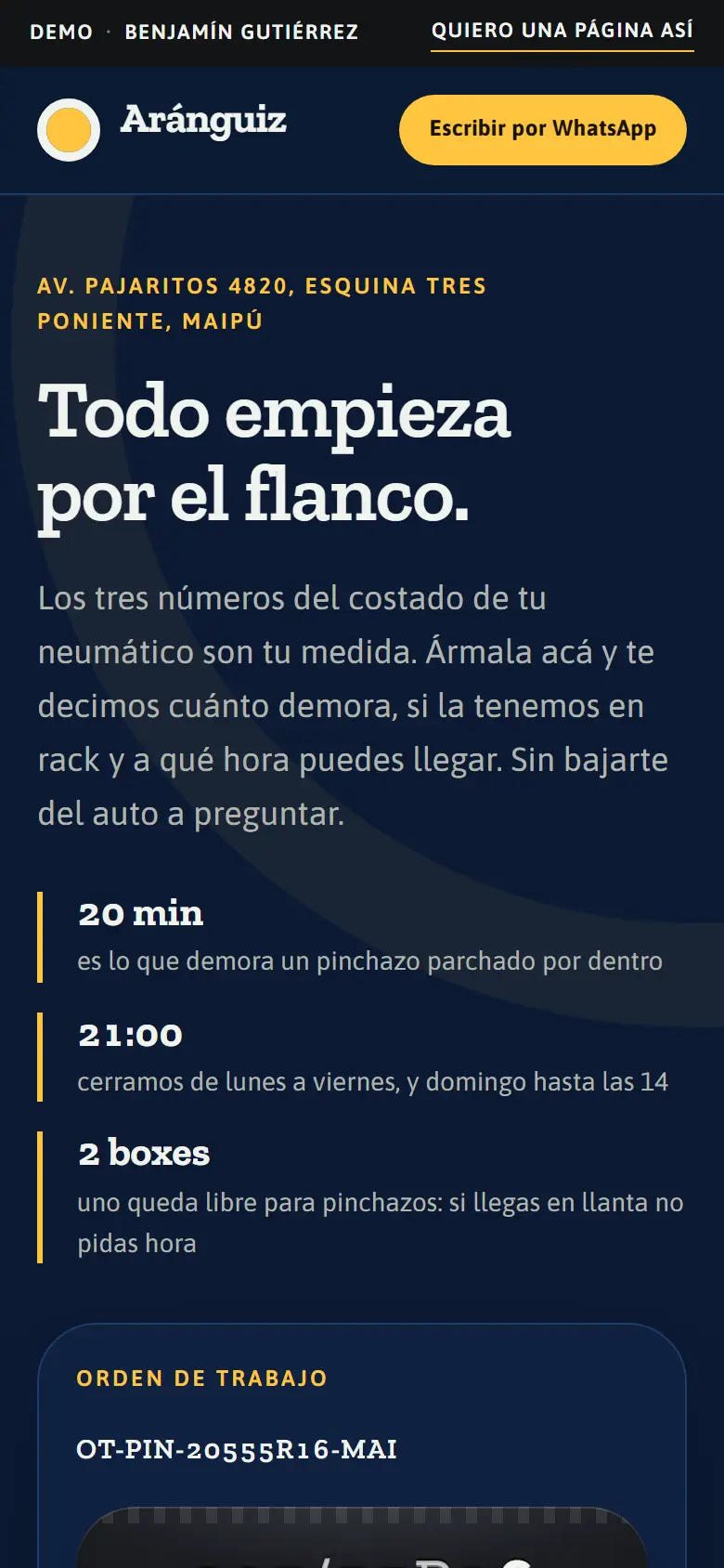 Captura del sitio de Vulcanizadora Aránguiz en pantalla de celular.