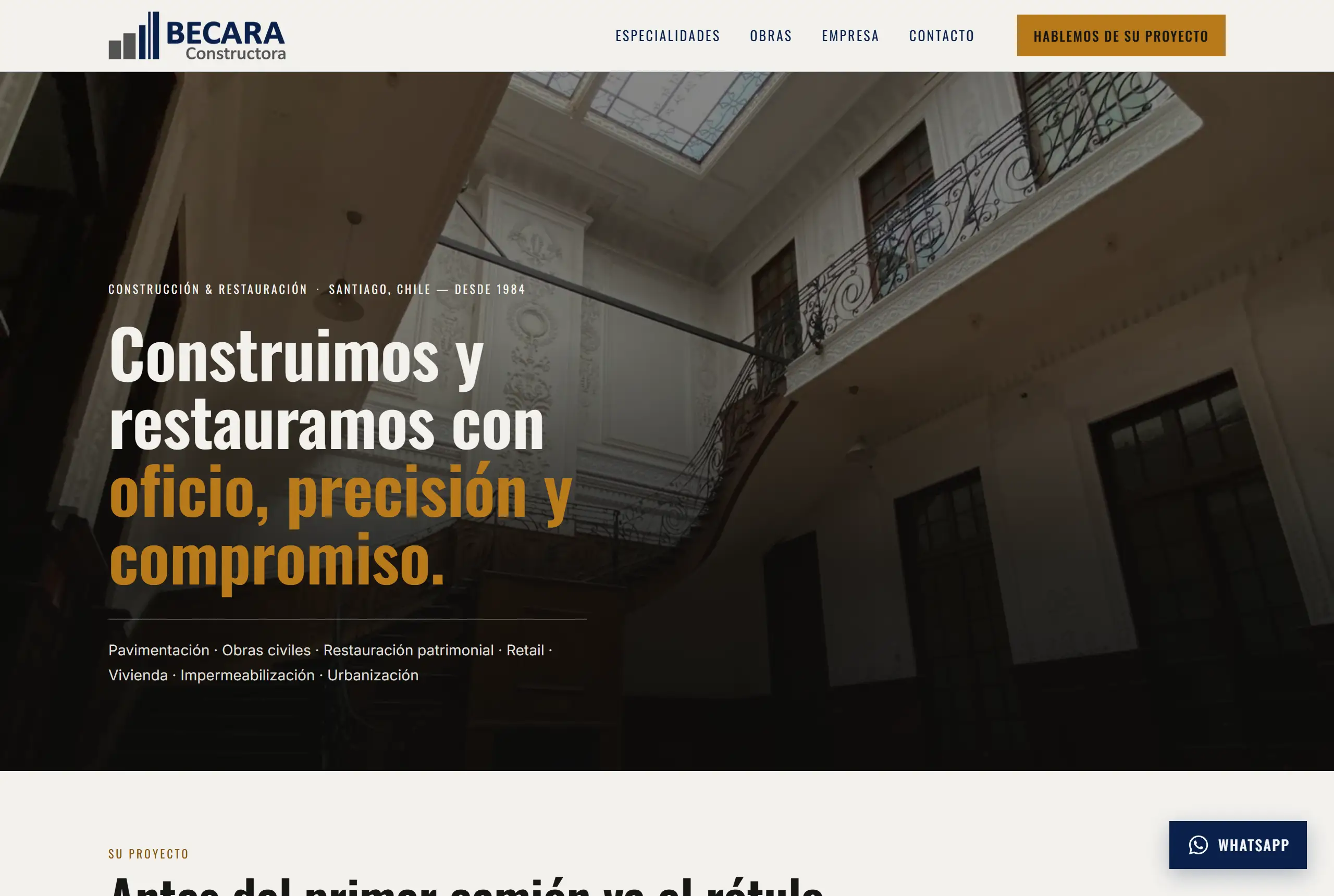 Captura del sitio de Becara SpA en pantalla de escritorio.