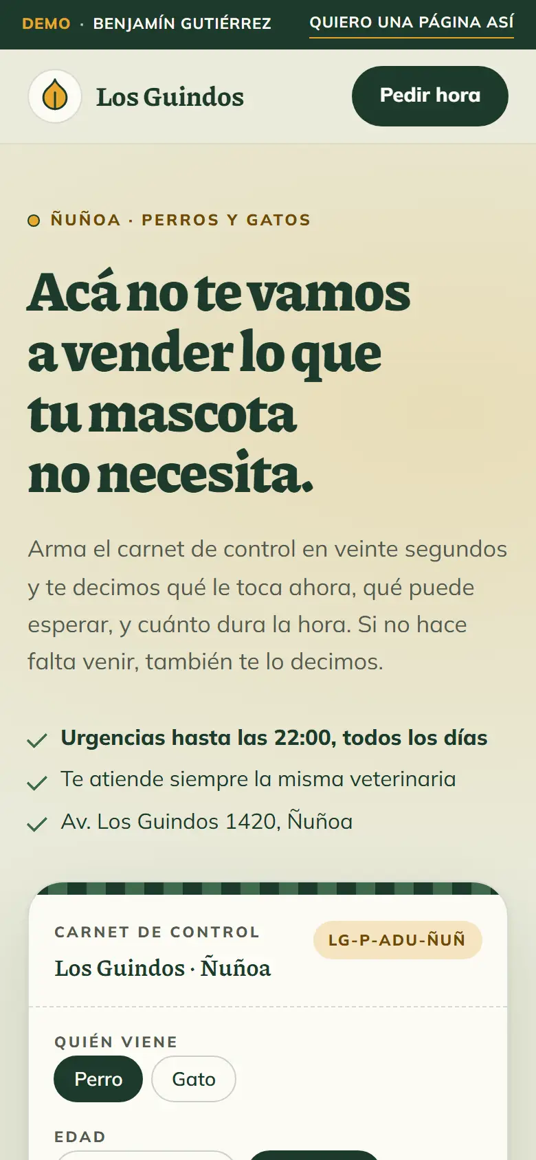 Captura del sitio de Veterinaria Los Guindos en pantalla de celular.